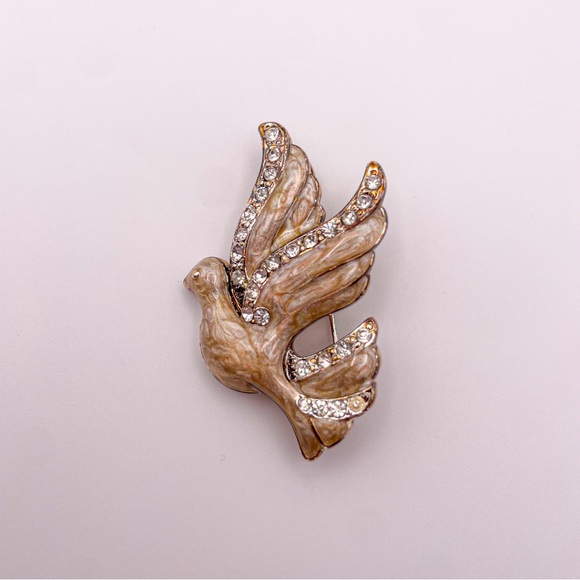 Monet Jewelry - Vintage Monet Signed Silver Toned & Enamel Dove/Bird Pin/Brooch with Rhinestones